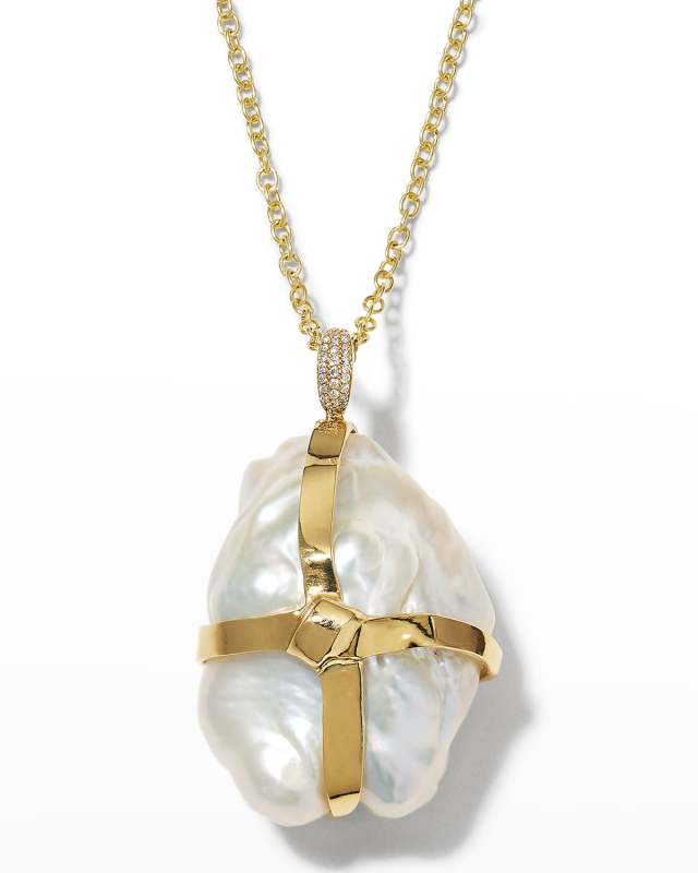 18K Wrapped Cultured Freshwater Pearl Necklace with Diamond Bail, 28"L